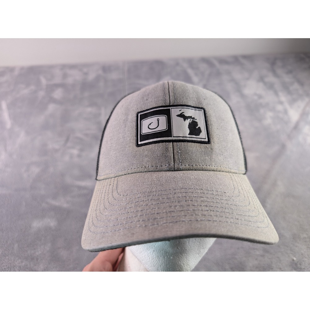Avid Gear Michigan Fish Hook Trucker Hat Gray Black Snapback Mesh Cap